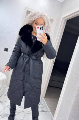 Женское зимнее стеганое пальто с капюшоном искусственной норкой
